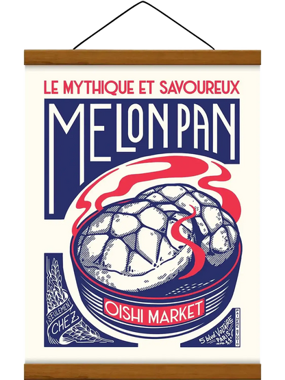 Melon pan japonais illustré comme un emballage rétro coloré, avec une esthétique gourmande inspirée des boulangeries et de la culture populaire du Japon.