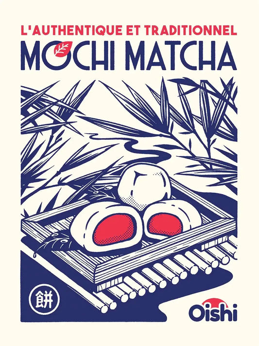 Affiche Mochi Matcha représentant des mochis japonais au thé vert dans une composition rétro, colorée et gourmande.