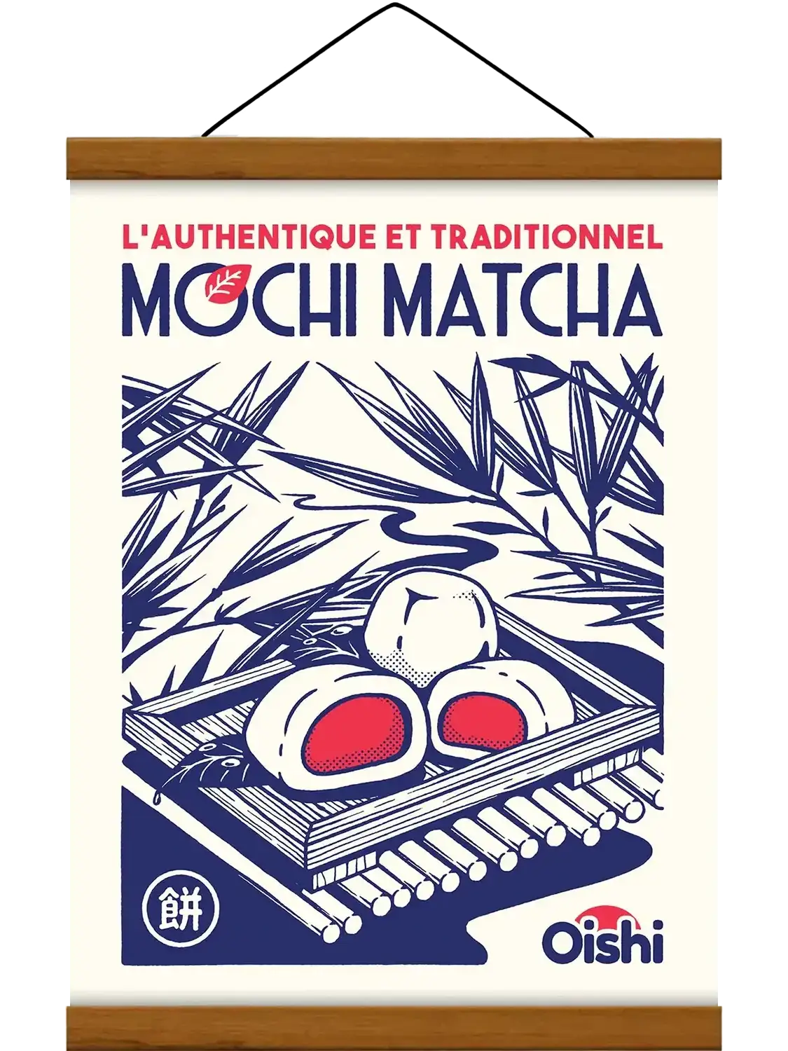 Affiche Mochi Matcha représentant des mochis japonais au thé vert dans une composition rétro, colorée et gourmande.