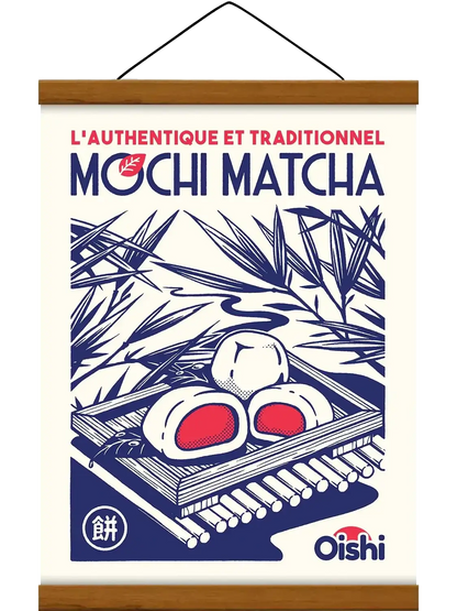 Affiche Mochi Matcha représentant des mochis japonais au thé vert dans une composition rétro, colorée et gourmande.