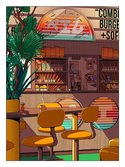 Affiche Morning Coffee représentant un café japonais traditionnel baigné par la lumière du matin, dans une ambiance rétro, chaleureuse et nostalgique.