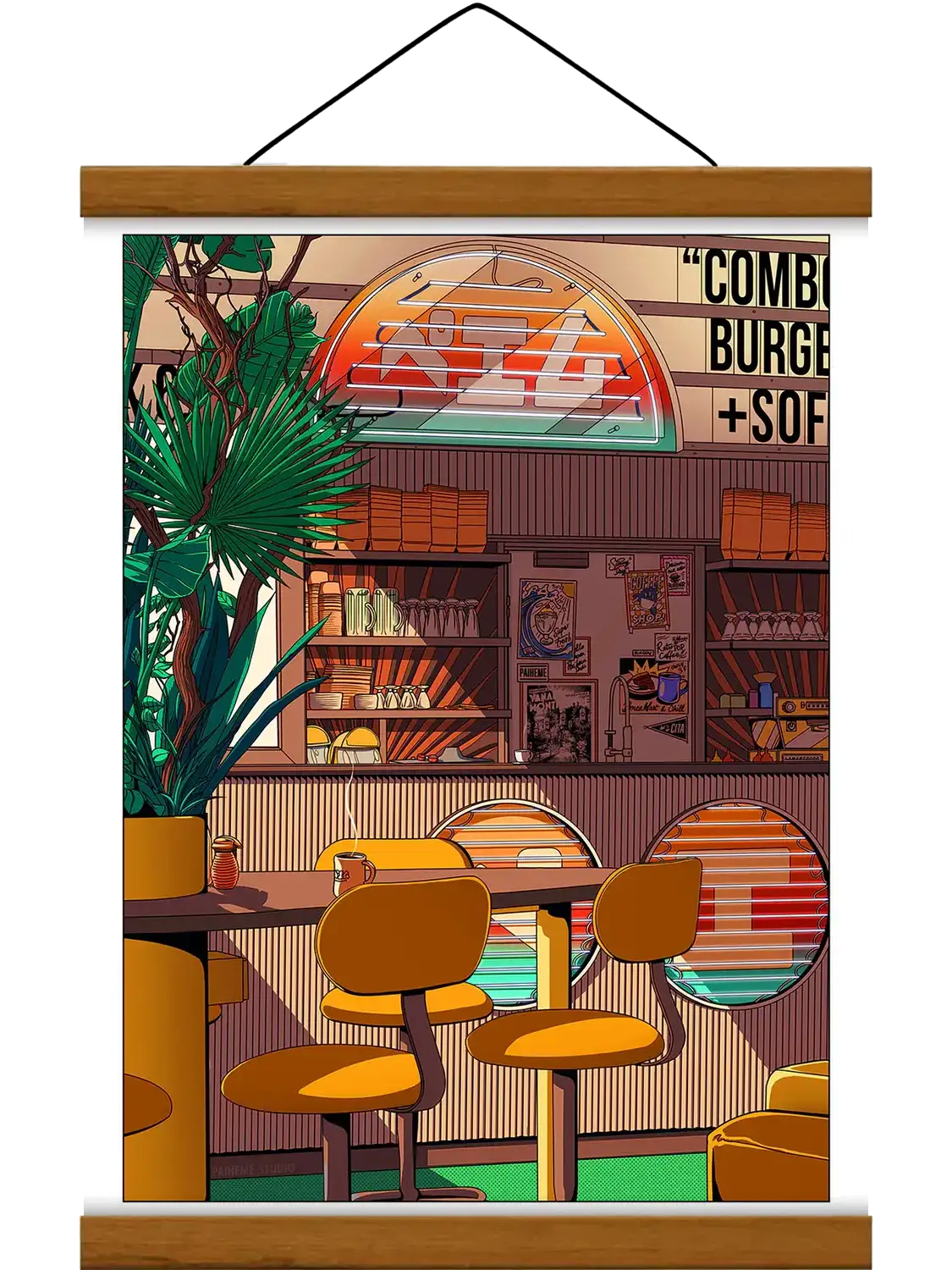 Affiche Morning Coffee représentant un café japonais traditionnel baigné par la lumière du matin, dans une ambiance rétro, chaleureuse et nostalgique.