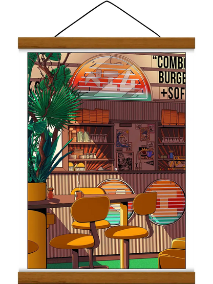 Affiche Morning Coffee représentant un café japonais traditionnel baigné par la lumière du matin, dans une ambiance rétro, chaleureuse et nostalgique.