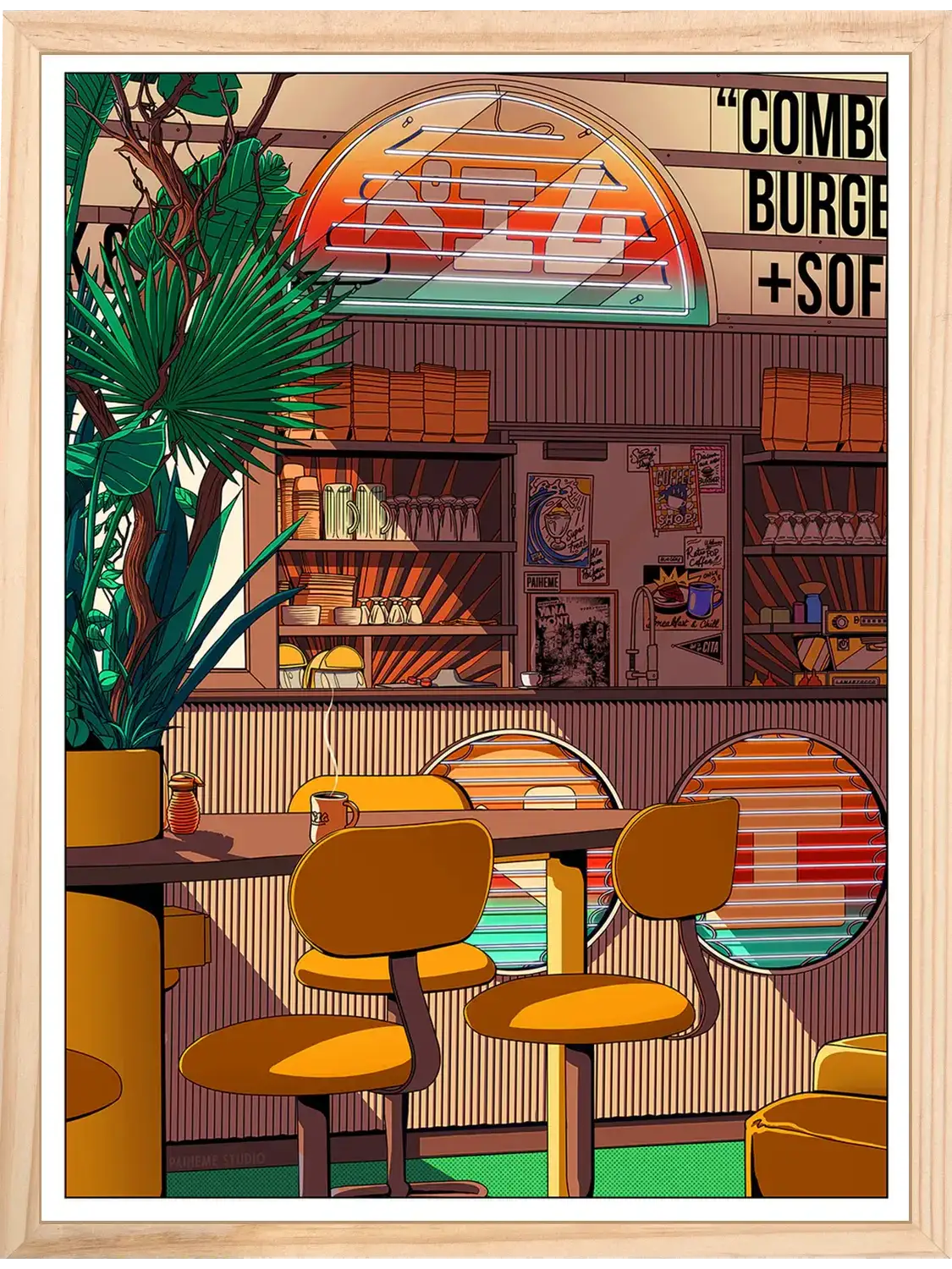 Affiche Morning Coffee représentant un café japonais traditionnel baigné par la lumière du matin, dans une ambiance rétro, chaleureuse et nostalgique.