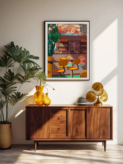 Affiche Morning Coffee représentant un café japonais traditionnel baigné par la lumière du matin, dans une ambiance rétro, chaleureuse et nostalgique.