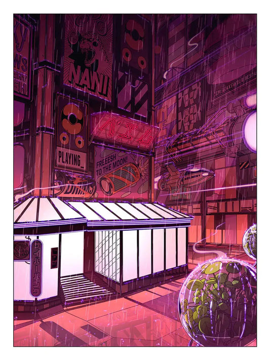 Affiche Neon Coffee représentant un café japonais rétro-futuriste illuminé par des néons colorés, dans une rue urbaine à l’ambiance cyberpunk.