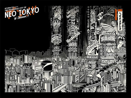 Mégapole japonaise futuriste de nuit, traversée par des néons rouges et bleus, avec tours, panneaux lumineux et atmosphère cyberpunk dense.