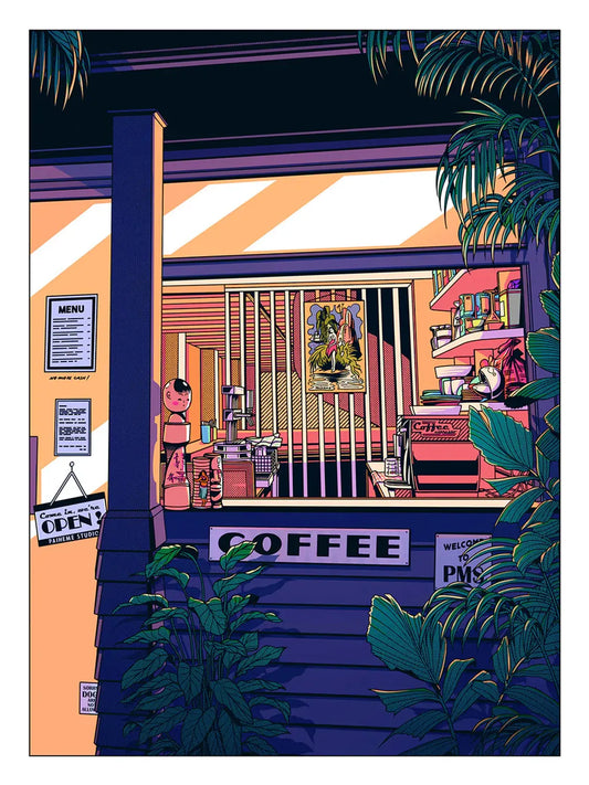 Affiche Night Coffee représentant un café japonais éclairé dans une rue sombre et silencieuse, avec reflets nocturnes et ambiance urbaine rétro.