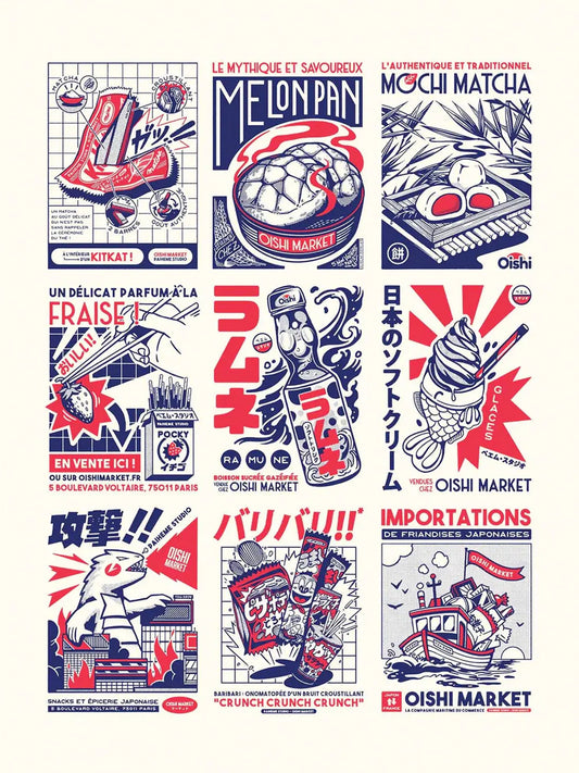 Affiche Oishi Mix réunissant street food, objets du quotidien et symboles de la culture japonaise dans une composition rétro, colorée et riche en détails.