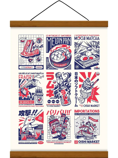 Affiche Oishi Mix réunissant street food, objets du quotidien et symboles de la culture japonaise dans une composition rétro, colorée et riche en détails.