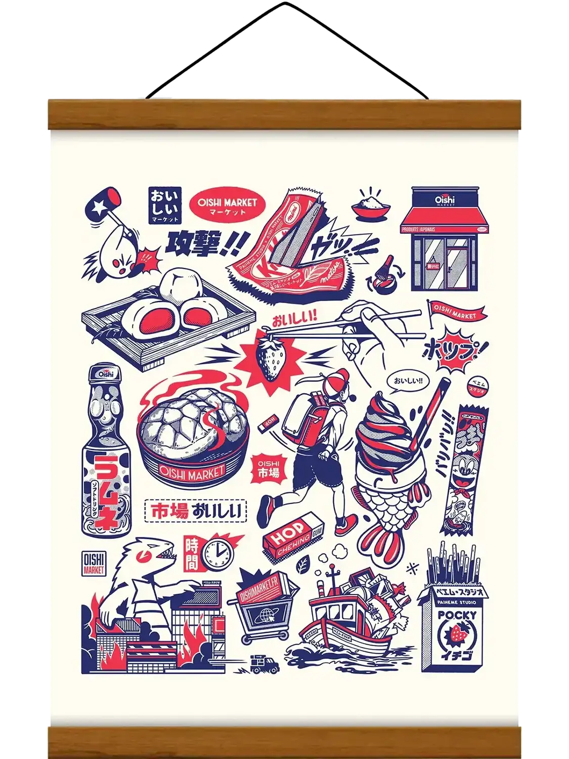 Affiche Oishi Tattoos réunissant des motifs de cuisine et de culture japonaise présentés comme une planche de tatouages rétro, colorée et graphique.