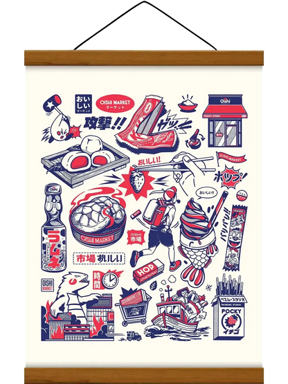 Affiche Oishi Tattoos réunissant des motifs de cuisine et de culture japonaise présentés comme une planche de tatouages rétro, colorée et graphique.