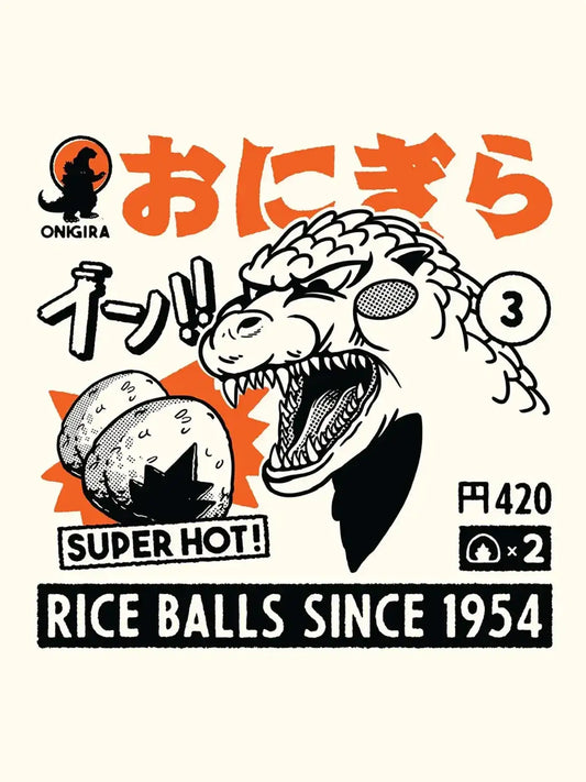 Affiche Onigira représentant un onigiri japonais dans une composition minimaliste, graphique et colorée inspirée des affiches rétro du Japon.