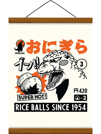 Affiche Onigira représentant un onigiri japonais dans une composition minimaliste, graphique et colorée inspirée des affiches rétro du Japon.