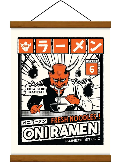 Affiche vintage cuisine Oni Ramen, avec baguette