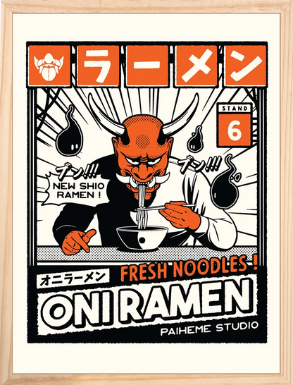 Affiche vintage cuisine Oni Ramen, encadrée
