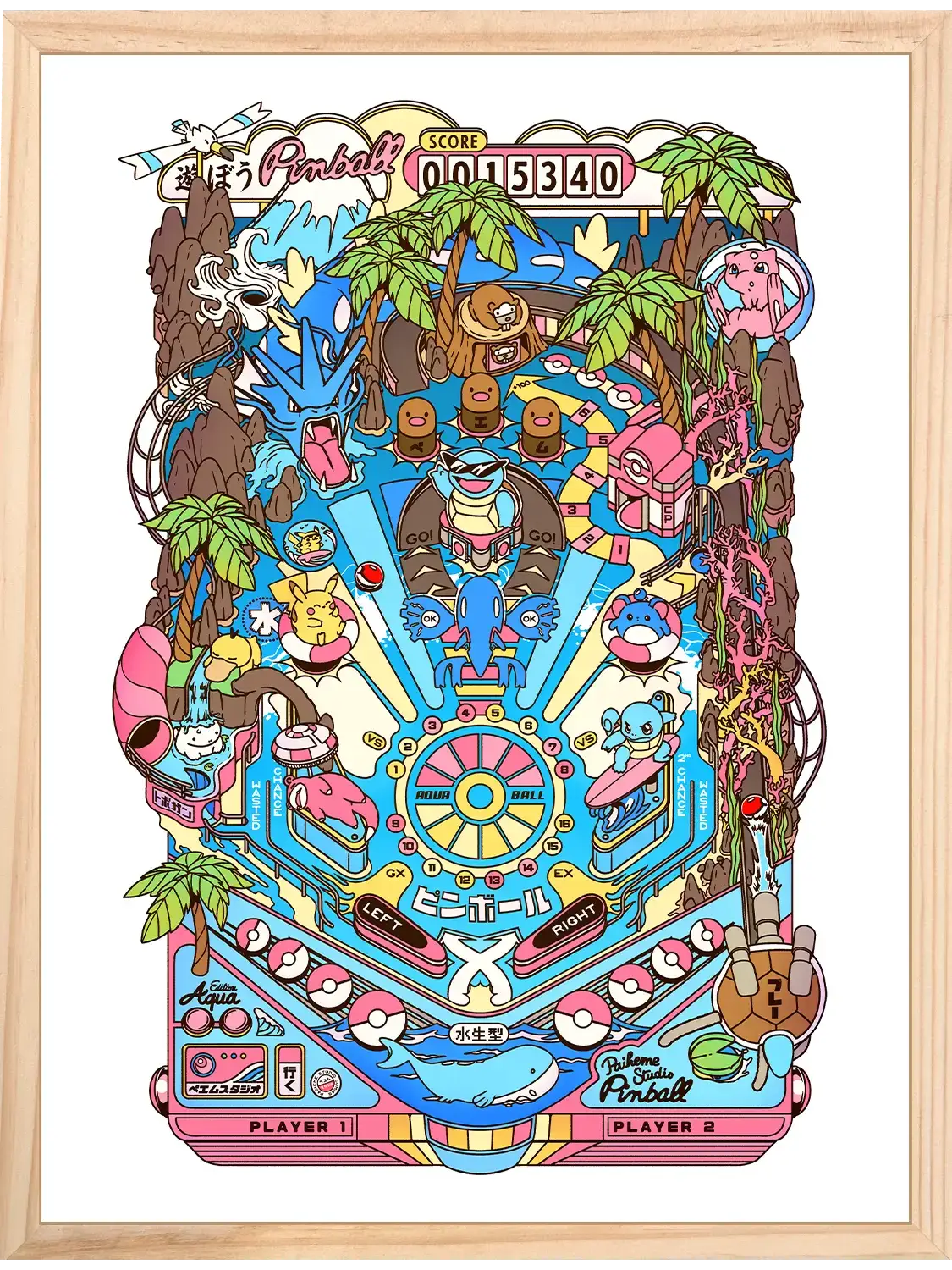 Pop culture art prints Pinball Aqua, encadrée