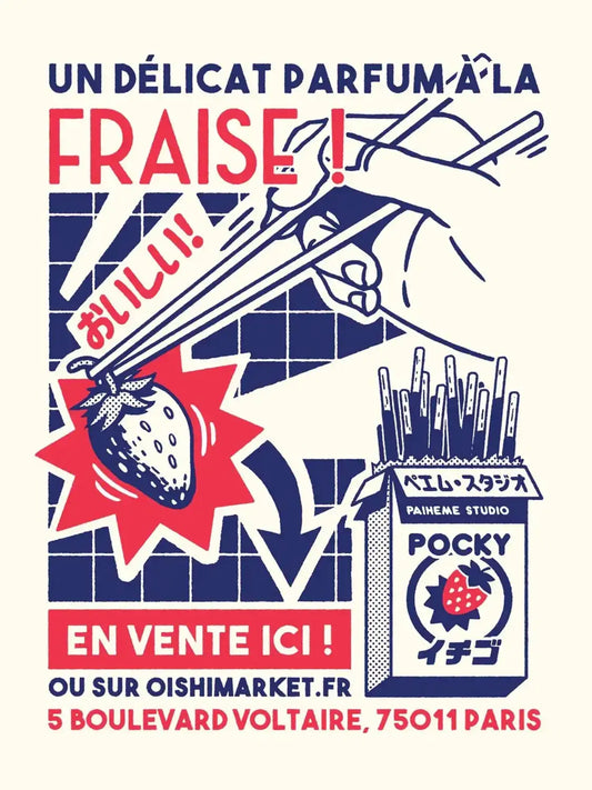 Illustration de bâtonnets chocolatés japonais tenus par une main, dans une composition colorée inspirée des publicités rétro japonaises, avec typographies et éléments graphiques vintage.