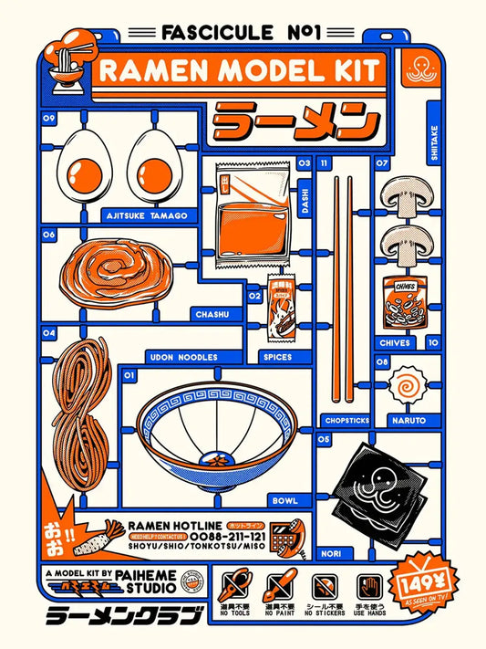 Affiche Ramen Kit illustrant les ingrédients et accessoires nécessaires à la préparation d’un ramen japonais, dans un style coloré et ludique.
