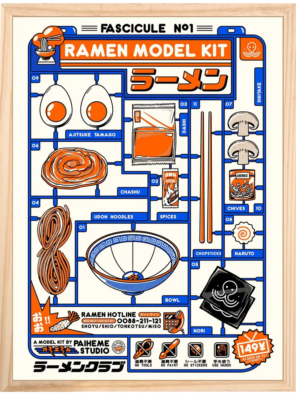 Affiche Ramen Kit illustrant les ingrédients et accessoires nécessaires à la préparation d’un ramen japonais, dans un style coloré et ludique.