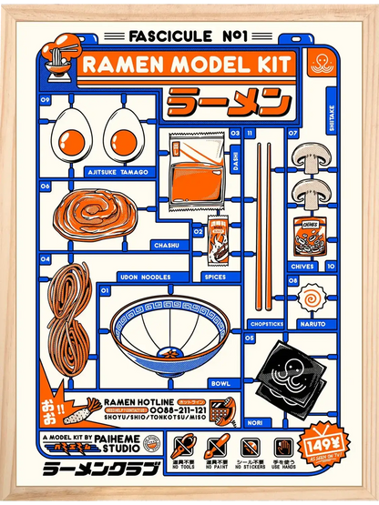 Affiche Ramen Kit illustrant les ingrédients et accessoires nécessaires à la préparation d’un ramen japonais, dans un style coloré et ludique.