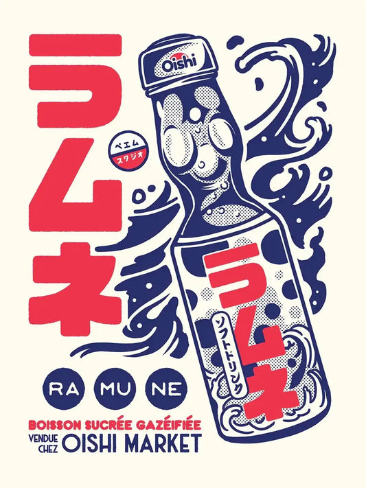 Affiche Ramune représentant une bouteille de limonade japonaise dans une composition rétro et colorée inspirée des publicités vintage du Japon.