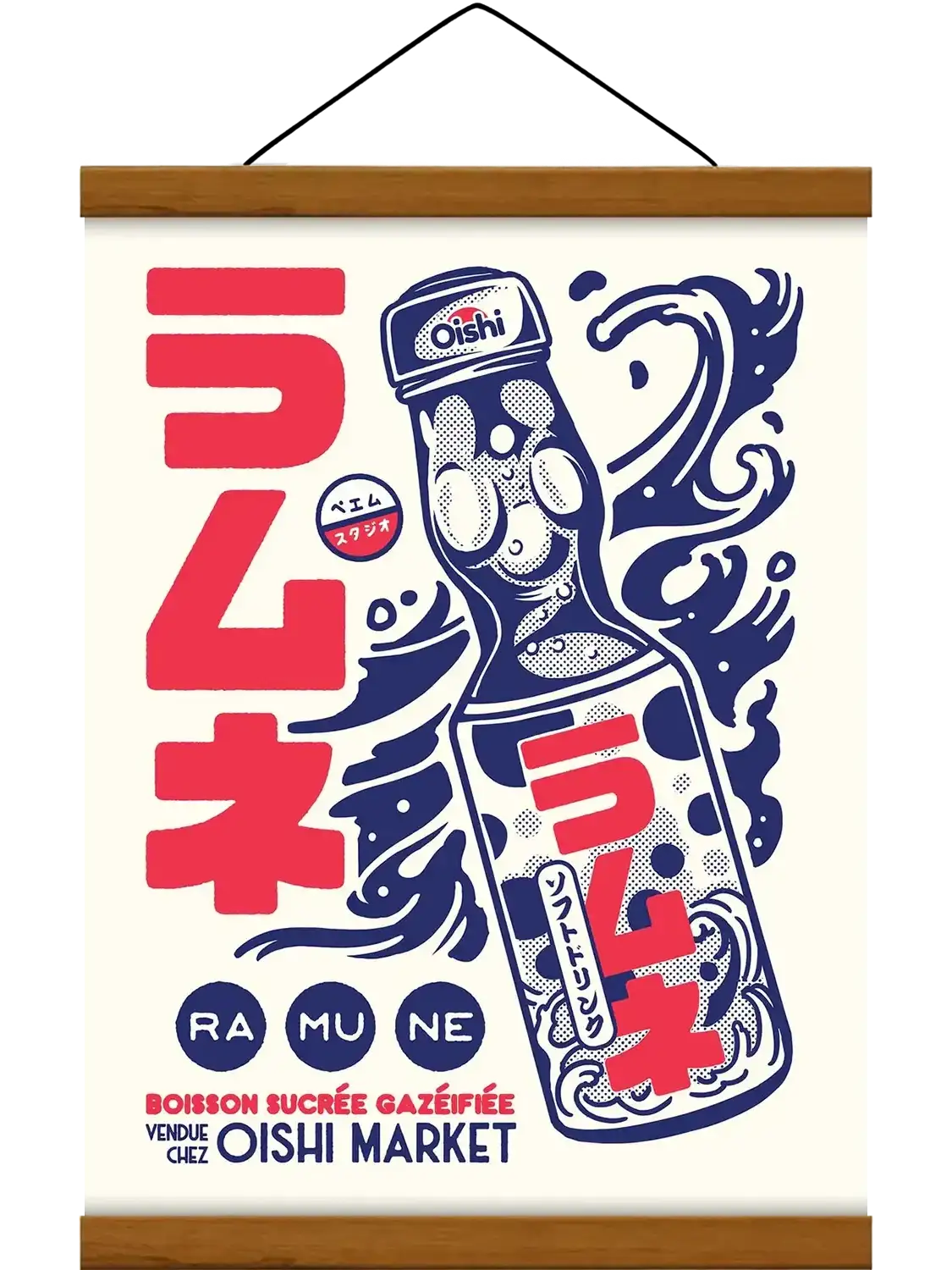 Affiche Ramune représentant une bouteille de limonade japonaise dans une composition rétro et colorée inspirée des publicités vintage du Japon.
