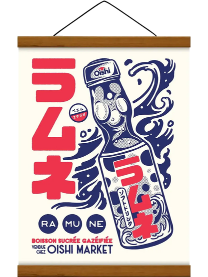 Affiche Ramune représentant une bouteille de limonade japonaise dans une composition rétro et colorée inspirée des publicités vintage du Japon.