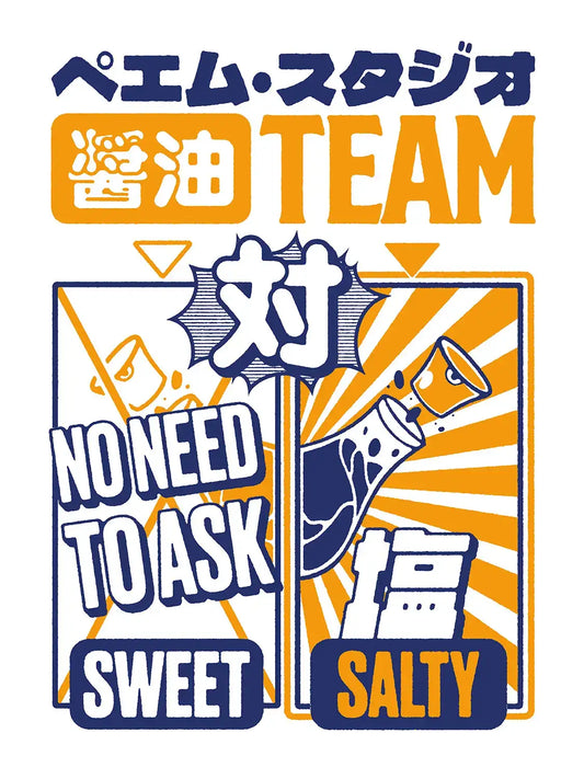 Illustration Team Salty avec une bouteille de sauce soja versée dans une coupelle, entourée de typographies japonaises et anglaises dans une composition rétro orange et bleu marine.