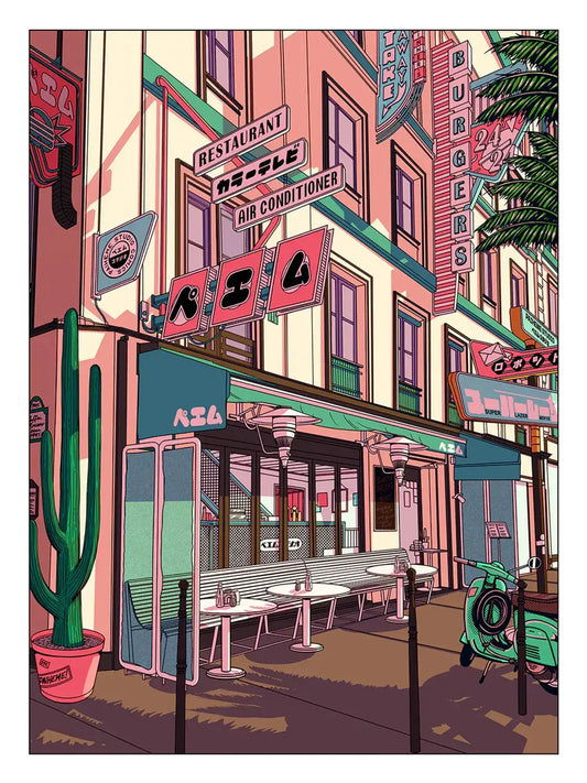 Affiche illustrée Sunset Coffee représentant un café rétro au cœur d’une ville, avec façades colorées, enseignes, cactus et scooter.
