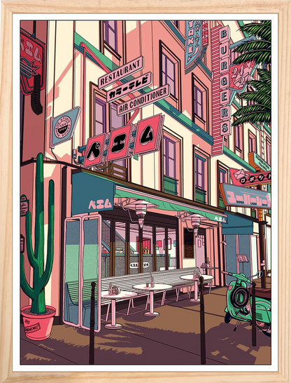 Devanture magasin japonais Sunset Coffee, encadrée