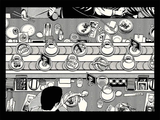 Affiche Sushi Bar représentant un comptoir japonais rempli de sushis, ramen, tempura et gyozas, dans un style rétro coloré et riche en détails.