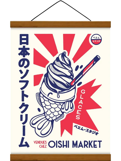 Affiche Taiyaki représentant un gâteau japonais en forme de poisson, dans une illustration rétro, chaleureuse et gourmande inspirée de la street food japonaise.