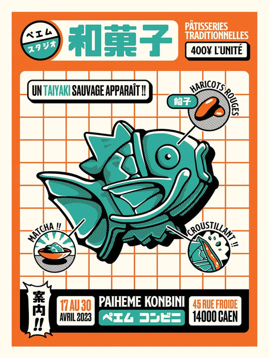 Affiche Taiyaki collection Konbini représentant une pâtisserie japonaise en forme de poisson, dans un style rétro inspiré des emballages de supérettes japonaises.