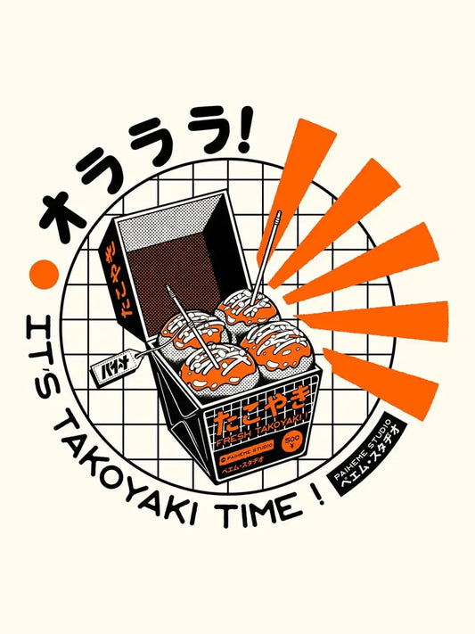 Affiche Takoyaki Time représentant un stand de street food japonaise préparant des takoyakis fumants, dans une ambiance rétro, colorée et animée.