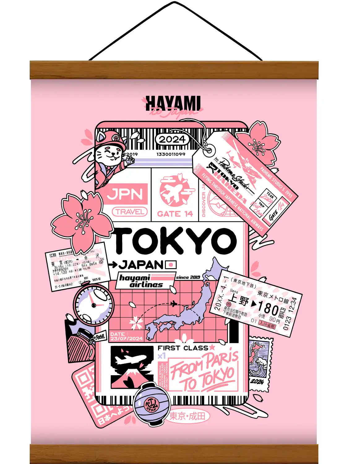 Affiche représentant un billet d’avion Paris–Tokyo dans un style scrapbooking inspiré d’un carnet de voyage dans les tons rose, encadrée dans un cadre baguette