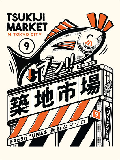 Affiche cuisine japonaise Tsukiji Market, visuel complet