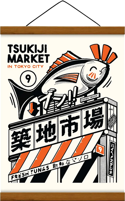 Affiche cuisine japonaise Tsukiji Market, avec baguette