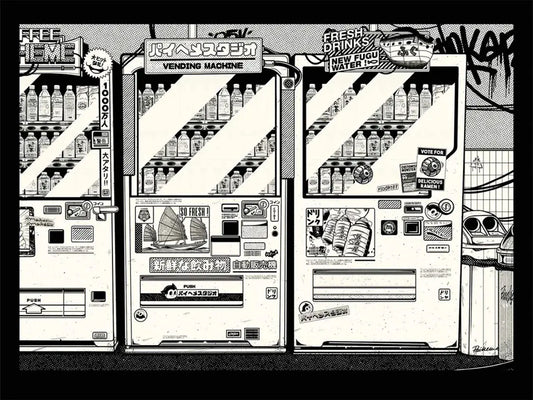 Affiche Vending Machines représentant des distributeurs automatiques japonais colorés, dans une ambiance urbaine rétro avec néons et typographies japonaises.