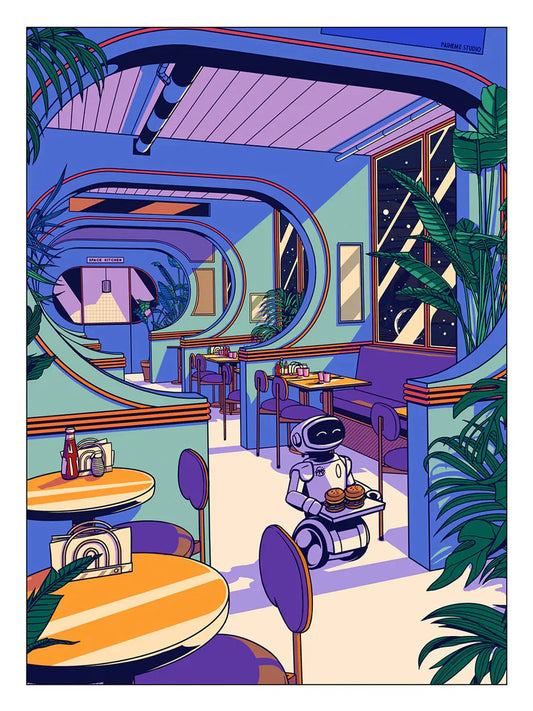 Affiche Space Coffee représentant un café rétro-futuriste aux néons lumineux, installé dans une architecture spatiale au cœur d’un univers cosmique.