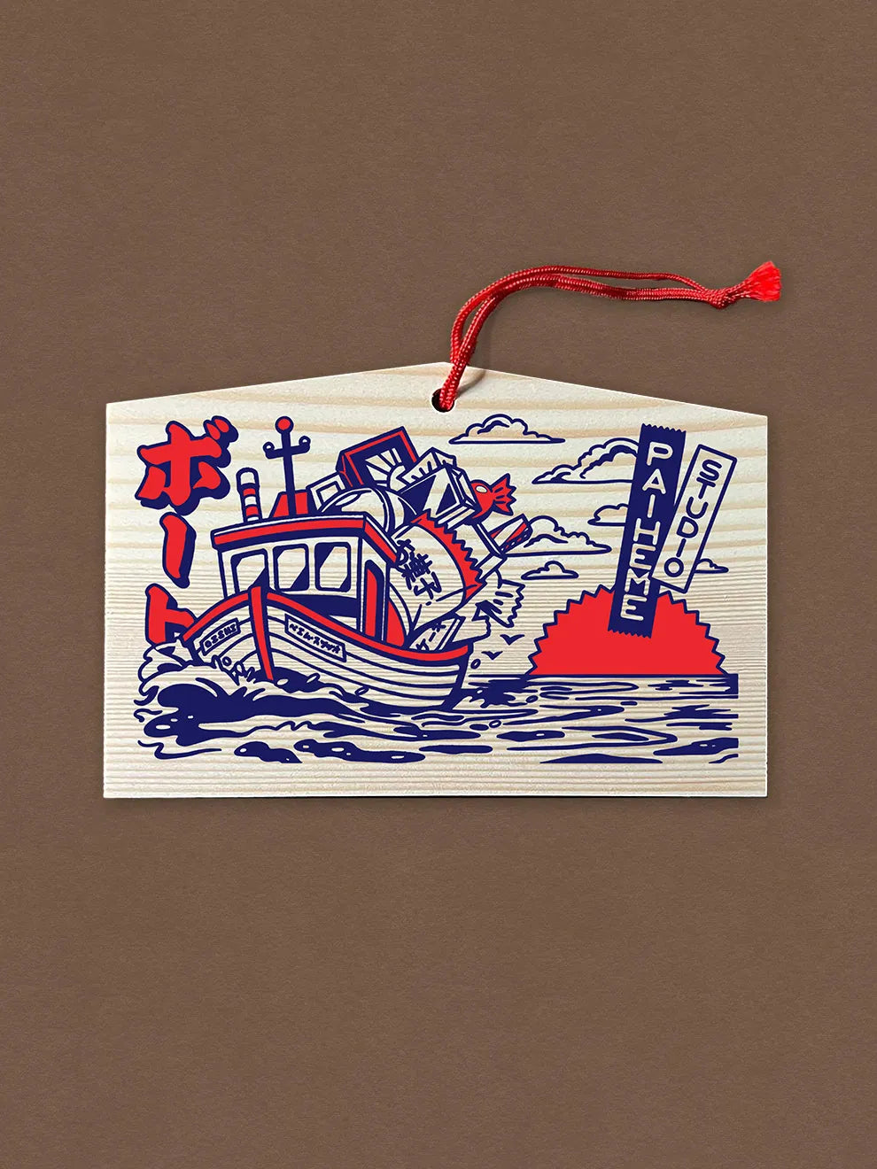 Un bateau de bonbons illustré sur cet ema en bois, coloré et original.