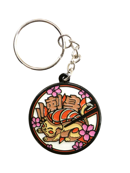 Porte-clé chat japonais Sushi Cat émaillé, illustration vintage kawaii