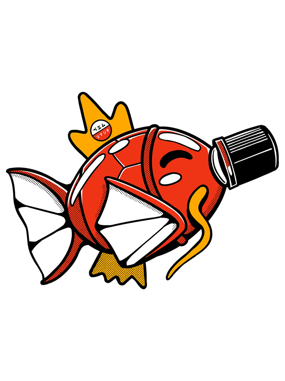 Sticker représentant une carpe koi couronnée aux couleurs vives, dessinée comme un personnage royal dans un style japonais rétro et ludique.