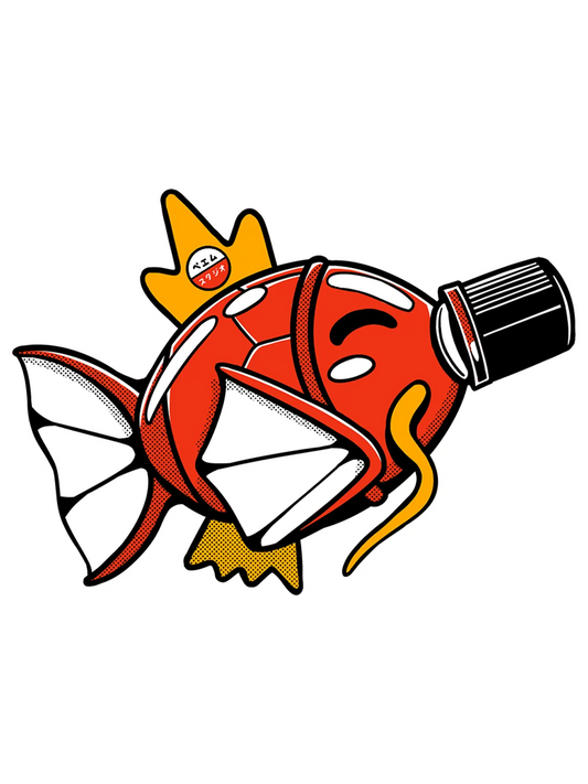 Sticker représentant une carpe koi couronnée aux couleurs vives, dessinée comme un personnage royal dans un style japonais rétro et ludique.