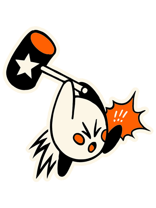 Sticker représentant kirby, en mouvement, dans un style coloré et dynamique inspiré de l’univers du jeu vidéo.