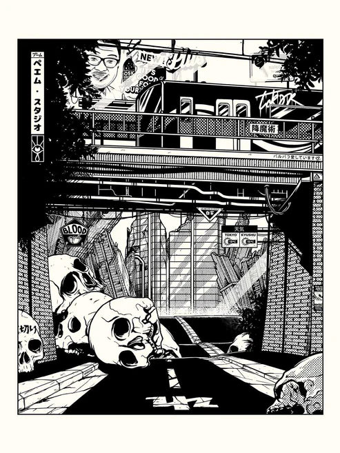 Illustration panoramique de Tokyo mêlant temples, immeubles modernes et enseignes lumineuses, dans une composition détaillée inspirée des affiches japonaises vintage.