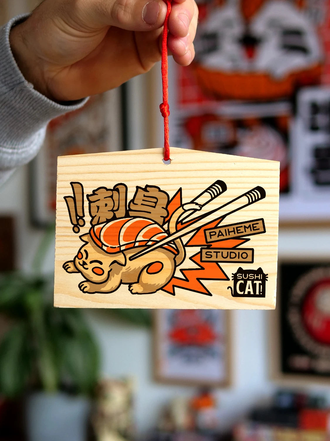 Ema japonais Sushicat, plaque en bois