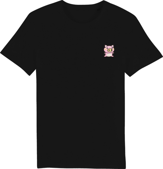 T shirt style japonais Buta noir, broderie côté cœur